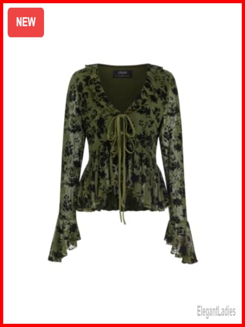 Lace Blouse Bell Sleeve V-Neck Ruffle Tie Front Going Out Top